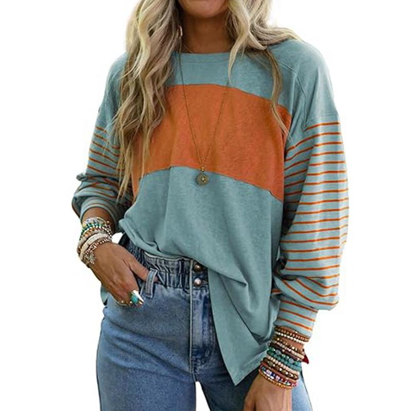 Long Sleeve Fall Tops Oversized Trendy Round Crew Neck Casual Color Block Womens Shirts Blouses Round Neck Womenswear