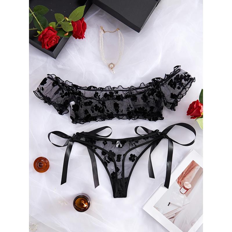 Floral See Through Mesh Lingerie Set, Frilled Off The Shoulder Intimates Top & Tie Side Thong, Women's Sexy Lingerie & Underwear