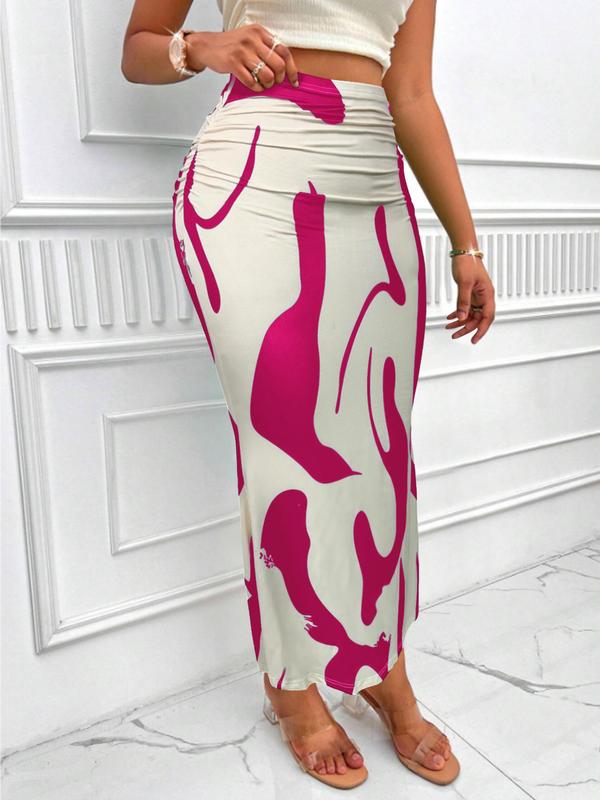 Women's All Over Print High Waist Skirt, Casual Fashion Ruched Long Skirt for Summer, Ladies Bottoms for Beach Holiday