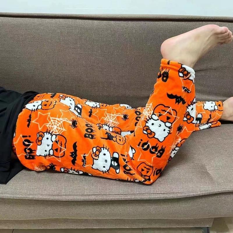 Fashion women PajamasTrousers Kawaii Woolen Anime Cartoon Casual Home Pants Winter Clothing Cat Pajamas Christmas Flannel