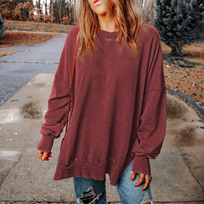 SHEWIN Women's Oversized Acid Wash Casual Long Sleeve Crewneck Lightweight Pullover Tops Loose Sweatshirts Comfort Womenswear