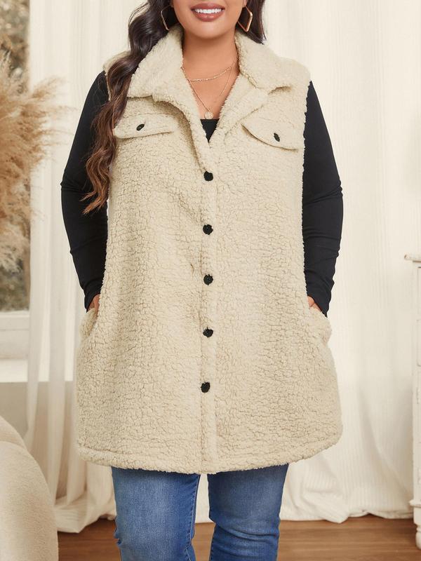 CURVZY Plus Size Solid Color Button Front Pocket Long Vest Jacket, Casual Sleeveless Collared Fuzzy Outerwear for Fall & Winter, Women's Clothes for Daily Wear