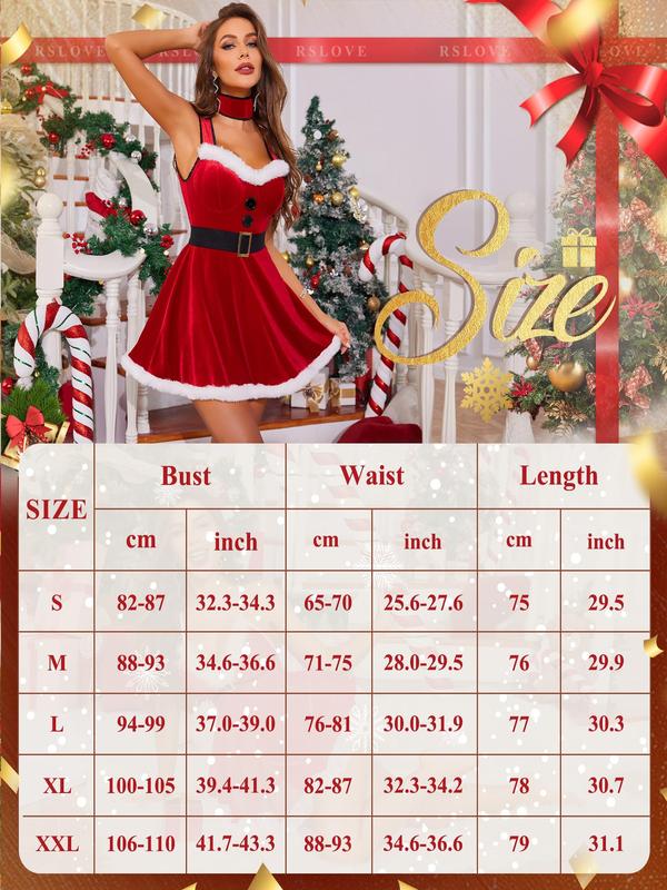 RSLOVE Christmas Lingerie for Women-Santa Velvet Strap Strappy Dress Babydoll Chemise Mrs Claus Costumes with Choker Belt Womenswear Underwear Lady