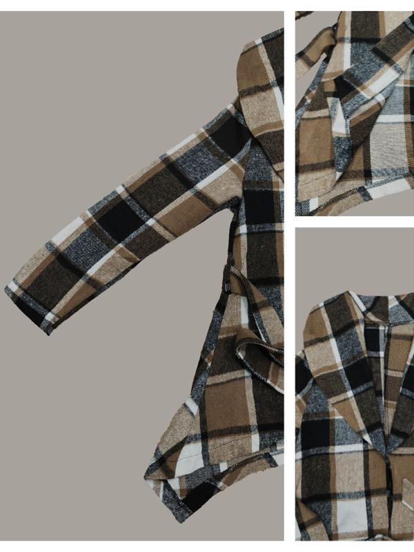 Women's Plaid Print Belted Asymmetrical Hem Coat Jackets, Elegant Long Sleeve Waterfall Collar Outerwear for Fall & Winter, Winter Clothes Women, Women's Clothing for Daily Wear, Fall Outfits, Fallfreshness Clothes, Womenswear