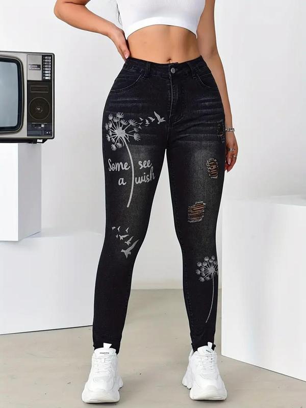 Dandelion & Letter Print Ripped Skinny Jeans for Women, Fall Outfits, Fashion Casual Pocket Button Fly Denim Pants for Daily Outdoor Wear, Pants for Women, Latina Jeans, Ladies Bottoms for Fall