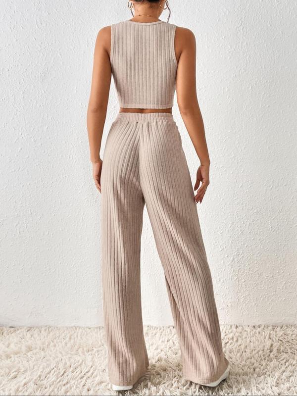 Women's Solid Color Ribbed Crop Tank Top & Wide Leg Pants Two-Piece Set, Casual Sleeveless Round Neck Top & Elastic Waist Trousers for Daily Wear, Ladies Outfits for All Seasons