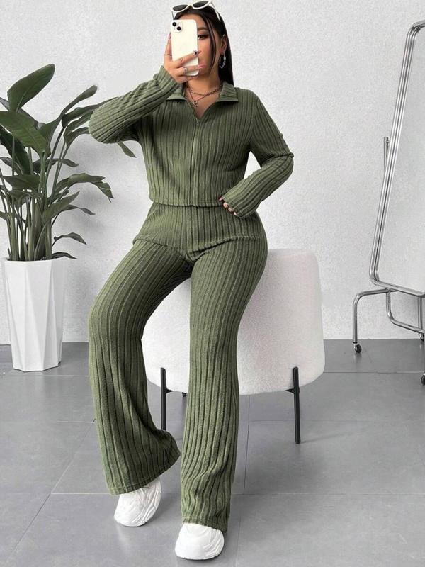  Two-Piece Set Plain Zip Up Jacket & High Waist Flare Leg Pants, Casual Long Sleeve Collared Outerwear & Bell Bottom Trousers for Daily Wear, Women's Outfits for Fall & Winter