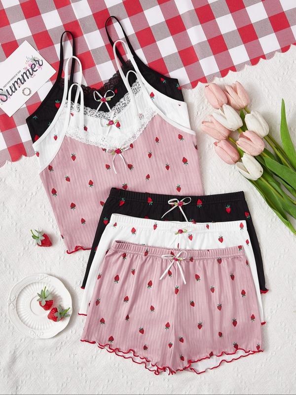 6 Piece Set Womenswear Strawberry Print Lettuce Trim Pyjama Set, Casual Comfy Contrast Lace Cami Top & Bow Decor Shorts Homewear for Women, Pajama Sets Women, Ladies Sleepwear for All Seasons Back To School