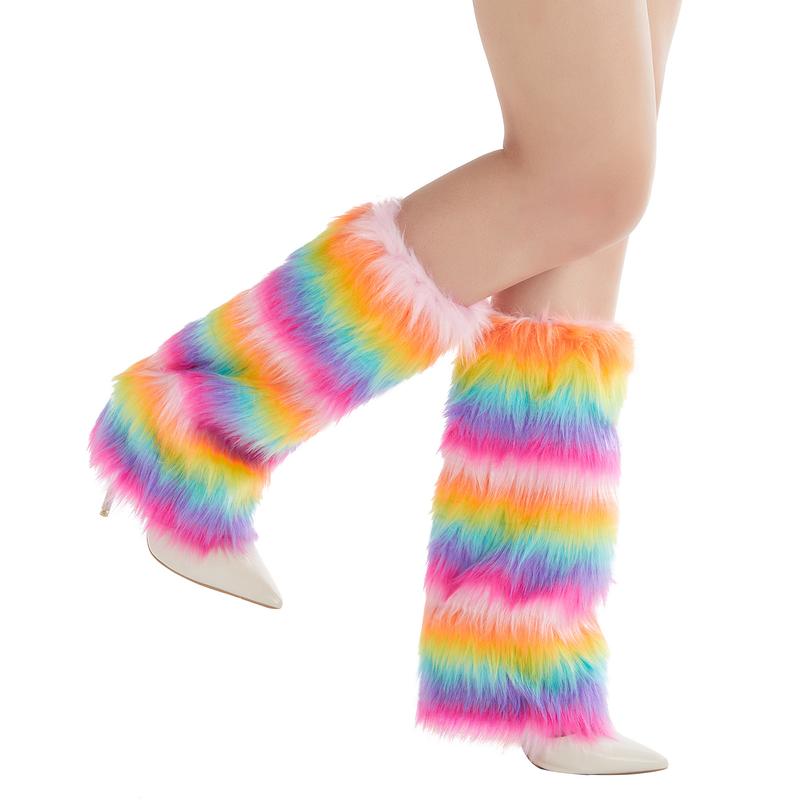 Women's Faux Fur Leg Warmers Rainbow Fuzzy Boot Covers Cuff Colorful Leg Warmers 2024 Fashion Halloween Costume Accessory