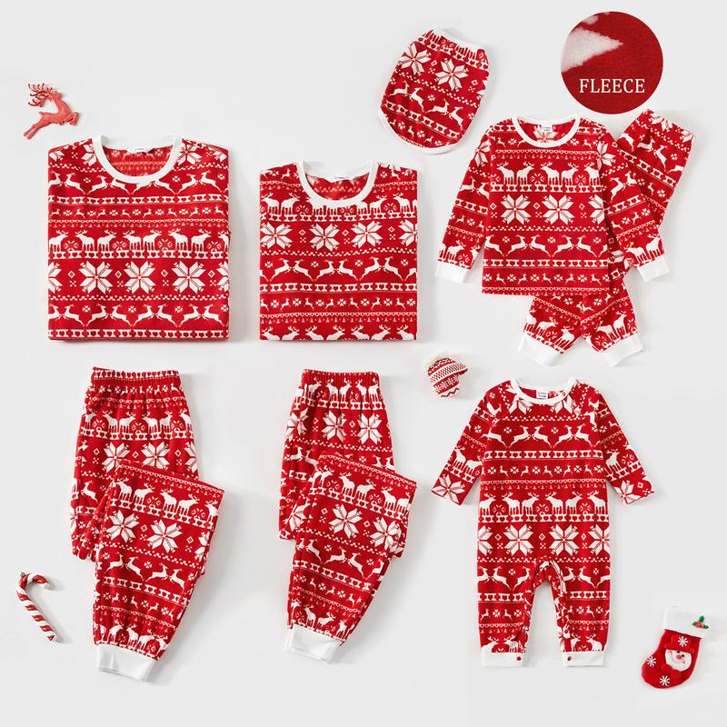 PatPat Christmas Family Matching Long-sleeve Allover Deer & Snowflake Print Red Thickened Polar Fleece Pajamas Sets