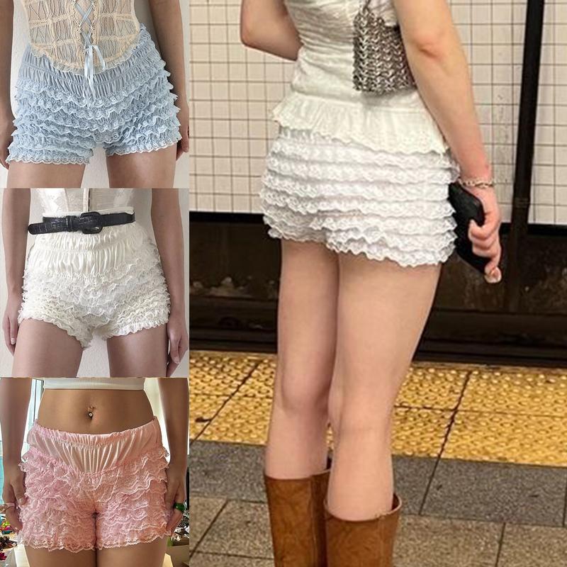 Women Summer Floral Lace Shorts Casual Ruffled Elastic Waist Short Pants for Beach Nightclub Streetwear