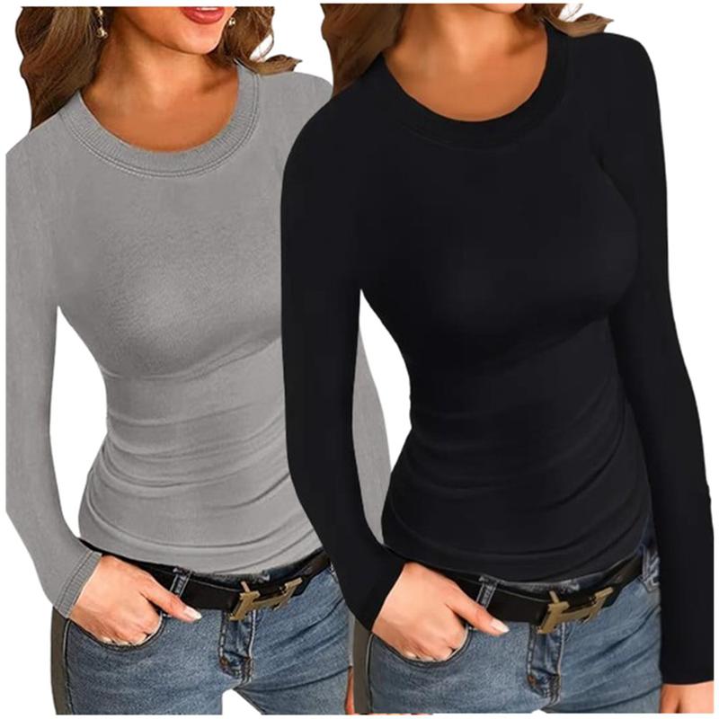 2 Pack Long Sleeve Shirts for Women Crew Neck Thermal Shirts Ribbed Knit Slim Fit T Shirt Basic Tee Tops