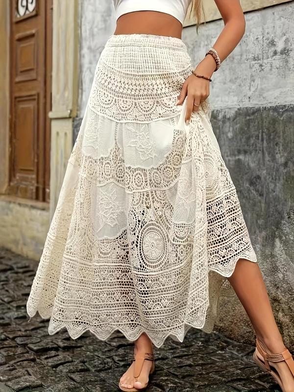 Women's Plain Hollow Out Skirt, Boho Fashion A Line Long Skirt for Beach Holiday Vacation, Ladies Bottoms for All Seasons