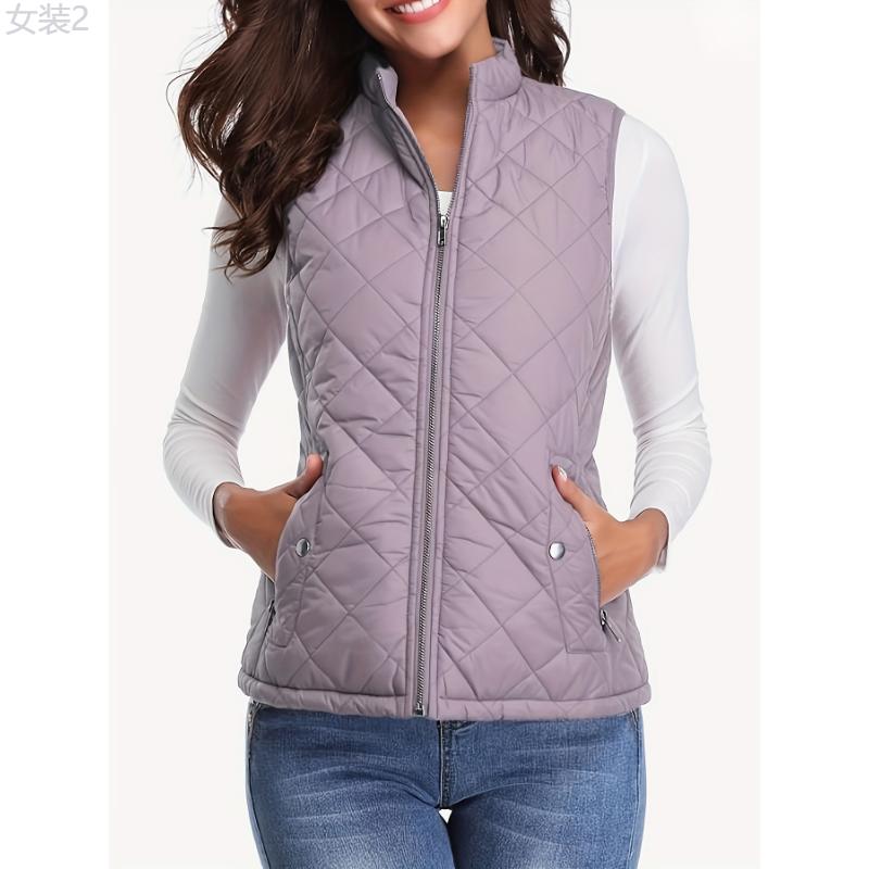 Argyle Pattern Sleeveless Vest - Casual Zip Up Solid Vest - Women's Clothing - Stylish & Comfortable - For Casual Wear - Perfect Gift for Fashionable Women  Collar Fabric Womenswear Polyester  Tops Gamis  Elegant Basic