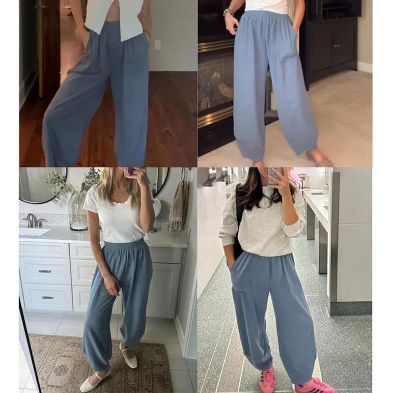 Tanming Womens Cotton Wide Leg Pants Elastic Waisted Baggy Loose Beach Palazzo Harem Pants with Pockets