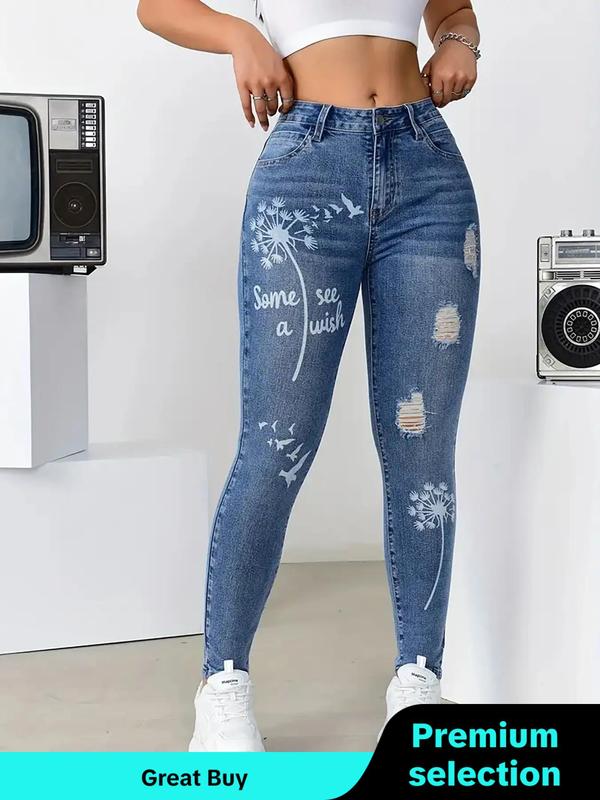 Dandelion & Letter Print Ripped Skinny Jeans for Women, Fall Outfits, Fashion Casual Pocket Button Fly Denim Pants for Daily Outdoor Wear, Pants for Women, Latina Jeans, Ladies Bottoms for Fall