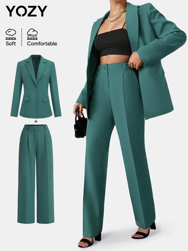 YOZY Two-piece Set Women's Solid Color Button Front Blazer & Plicated Suit Pants, Elegant Lapel Neck Long Sleeve Outerwear & Button Fly Straight Leg Trousers for Work Office Business, Ladies Two-piece Outfits