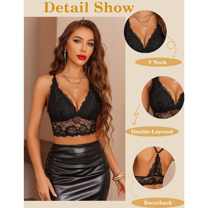 Bralettes for Women Lace Wireless Bra V Neck Racerback Crop Top Adjustable Lingerie