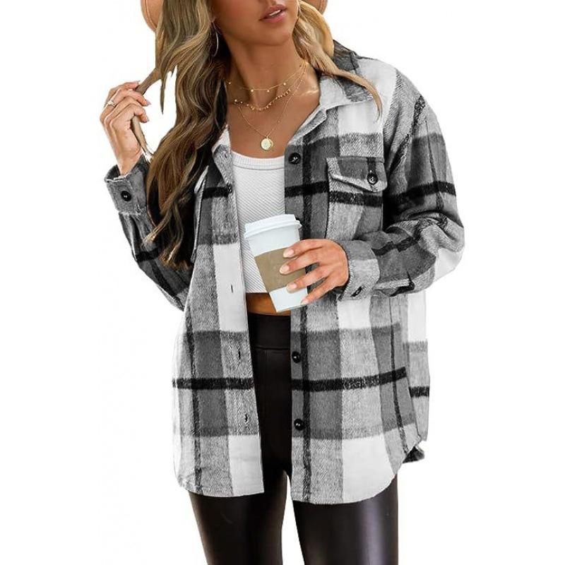 Autumn and Winter Women's Large Pocket Shirt Casual Plaid Top Loose Long Sleeve Ins Shirt