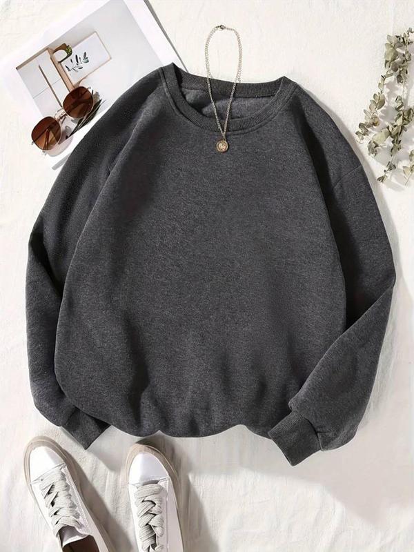 Women's Plain All Over Print Drop Shoulder Sweatshirt, Casual Long Sleeve Round Neck Pullover for Fall & Winter, Ladies Clothes for Daily Wear Black Girl Outfits