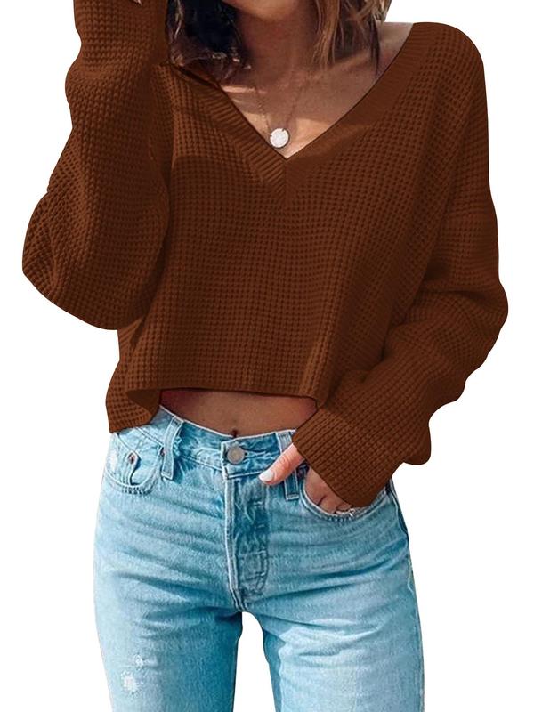 Women's Textured Drop Shoulder Crop Sweater, Trendy Comfy Casual Long Sleeve Deep V Neck Jumper for Fall, Fall Sweaters for Women, Women's 2024 New Autumn Knitwear Top for Daily Wear, Downtown Girl Clothes