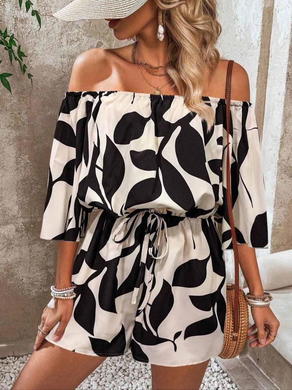 Women's Leaf Print Off Shoulder Tie Front Romper, Casual Flounce Sleeve Romper for Summer, Fashion Women's Clothing for Beach Holiday Vacation