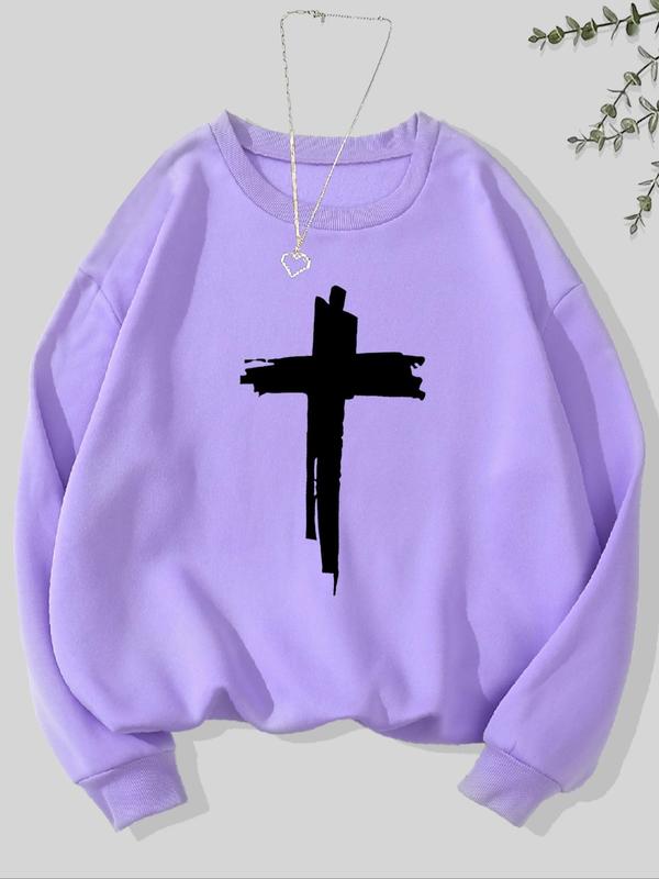 Women's Cross Print Crew Neck Sweatshirt, Casual Long Sleeve Pullover for Fall & Winter, Women's Clothes for Daily Wear