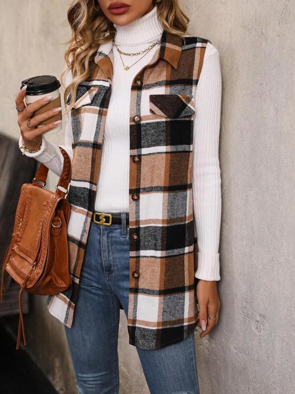 Women's Plaid Print Button Front Collar Waistcoat, Casual Flap Detail Vest Outerwear, Women's Fall & Winter Clothes for Daily Wear