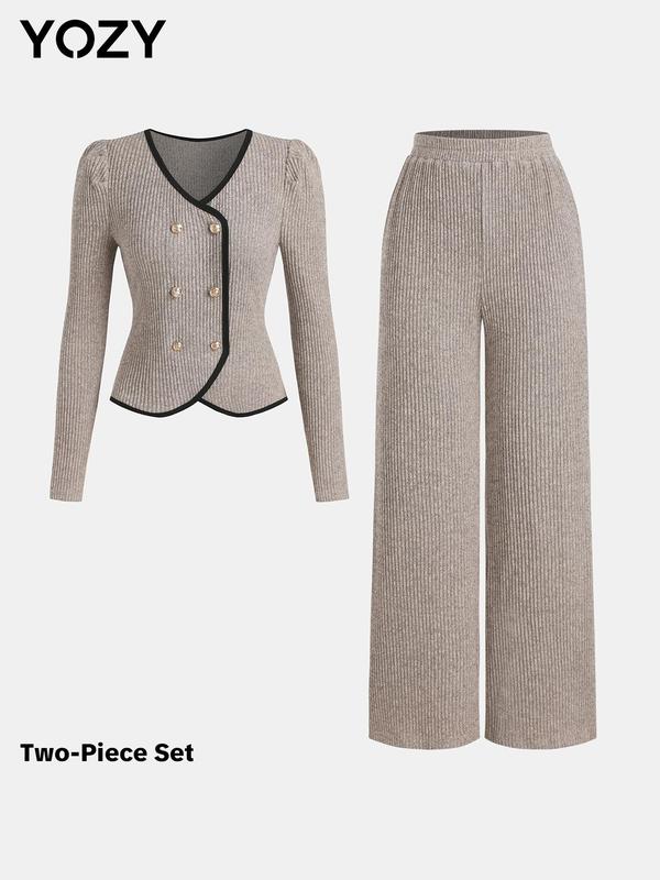 YOZY Women's Contrast Binding Double Button Blazer & Wide Leg Pants Two-piece Set, Casual V Neck Long Sleeve Outerwear & Trousers for Work Office Business, Ladies Two-piece Outfits for All Seasons