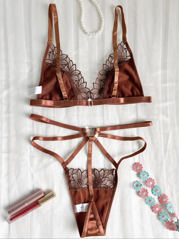 Two-piece Set Women's Floral Embroidery Cut Out Underwear Set, Adjustable Strap Triangle Bra & Heart-Ring Thong Set, Romantic Lingerie Set for Ladies, Fall Wear, Earthtone Fallfreshness