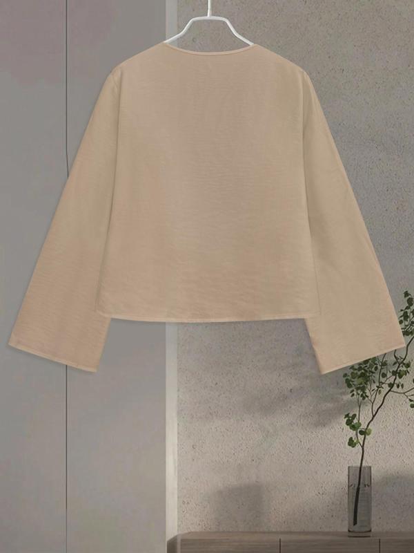 Women's Plain Tie Front V Neck Blouse, Casual Long Sleeve Top for Spring & Fall, Women's Clothing for Daily Wear