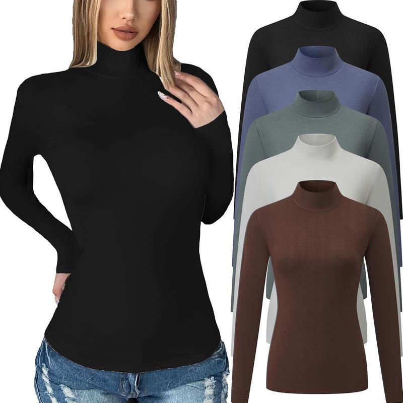 5 Pack Womens Long Sleeve Mock Turtleneck Tops Fall Stretch Tight Basic T Shirt Lightweight Thermal Shirts