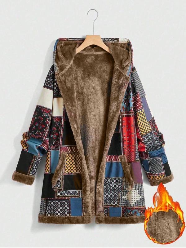  Patchwork Print Pocket Long Sleeve Thermal Lined Hooded Coat, Boho Fashion Open Front Hooded Outerwear for Fall & Winter, Women's Clothes for Daily Wear