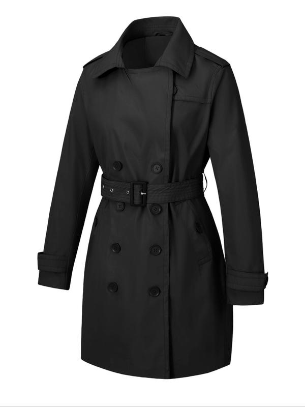 Women's Solid Double Button Belted Trench Coat, Casual Long Sleeve Pocket Design Midi Coat for Fall & Winter, Women's Clothing for Daily Wear