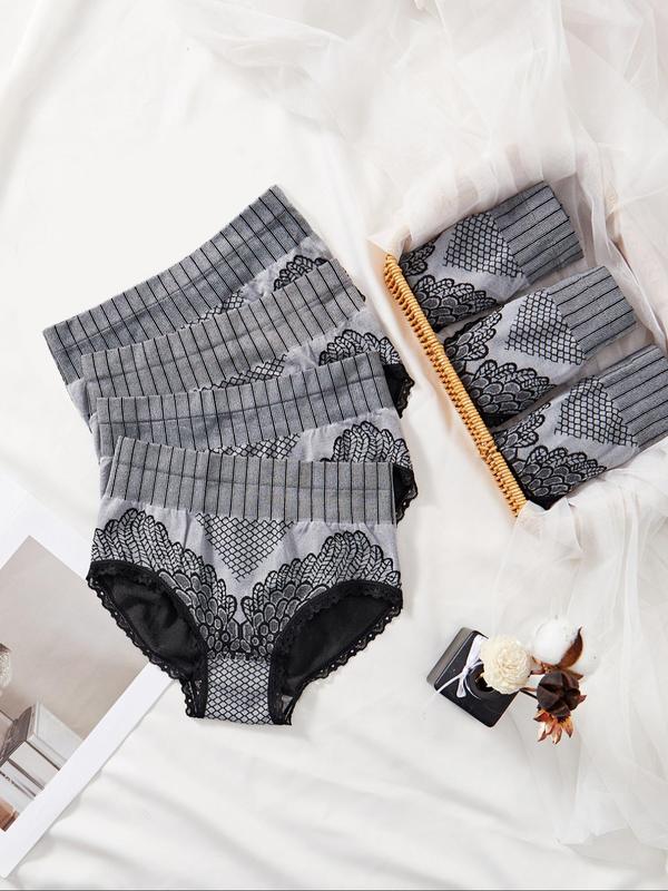 Women's Contrast Lace High Waist Panty, Fall Wear, Fallfreshness Soft Comfy Breathable Knicker for Daily Wear, Underwear for All Seasons  Granny Pants