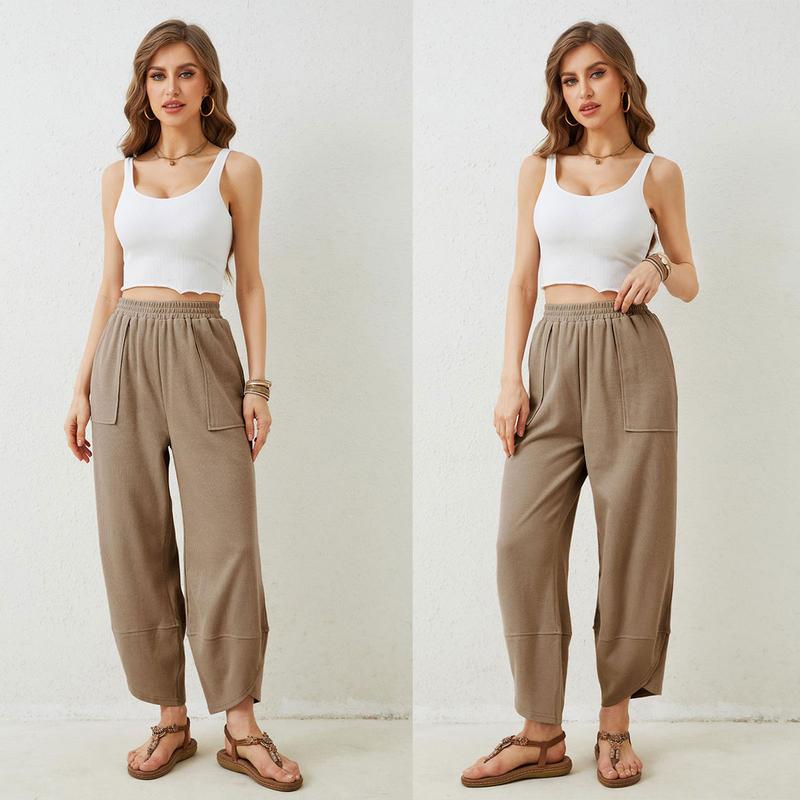 Tanming Womens Cotton Wide Leg Pants Elastic Waisted Baggy Loose Beach Palazzo Harem Pants with Pockets