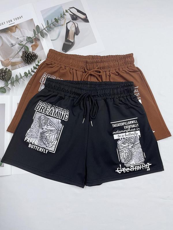 Women's Letter Print Drawstring Waist Shorts, Casual Comfy Shorts for Summer, Fashion Women's Bottoms for Daily Wear