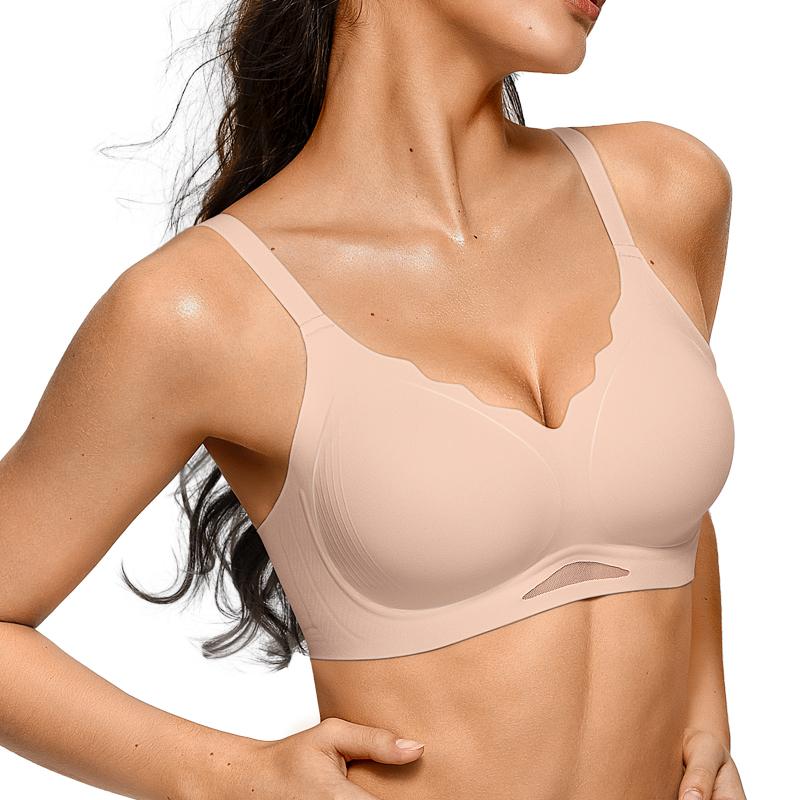 OEAK Women Seamless Bras No Underwire Push Up Wavy Neckline Wireless Bralettes Soft V Neck Full Coverage Everyday Bra