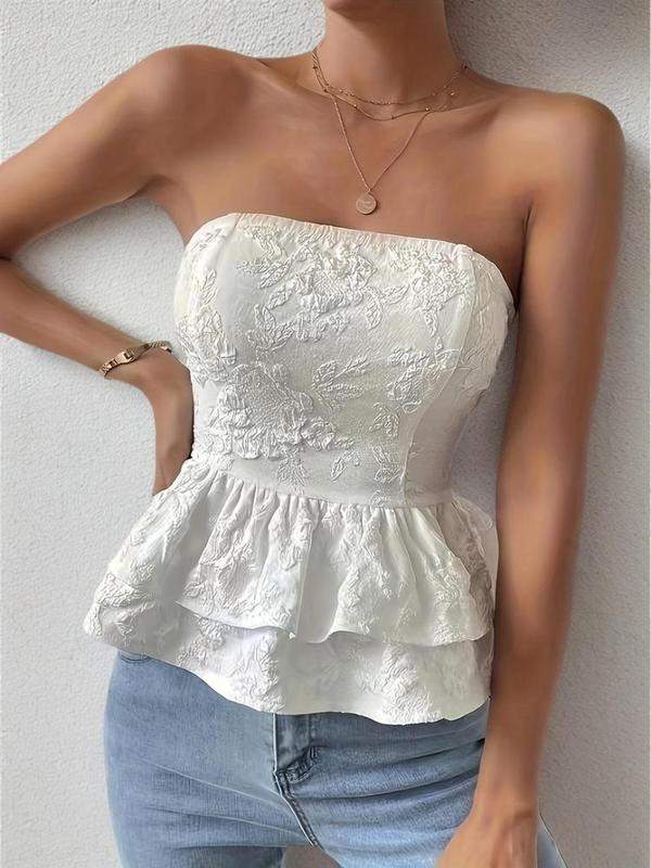 Women's Textured Tiered Layer Vintage Tube Top, White Tube Top, Boho Cut Out Tie Back Top, Summer Tube Tops, Ladies Clothes for Beach Holiday Vacation