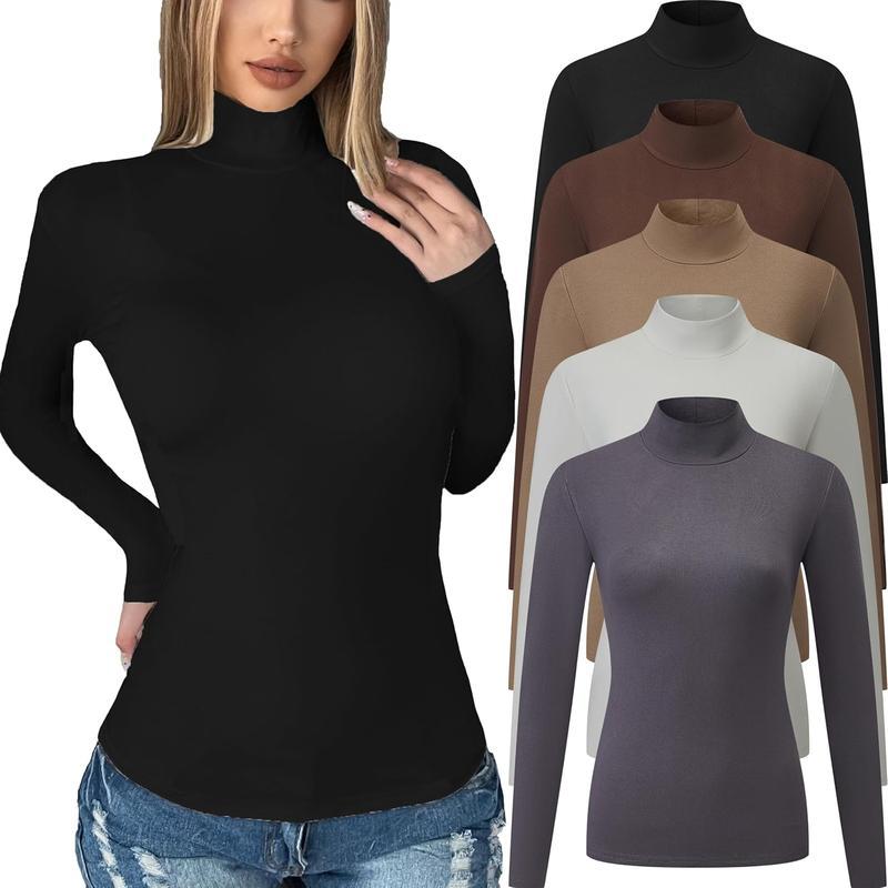 5 Pack Womens Long Sleeve Mock Turtleneck Tops Fall Stretch Tight Basic T Shirt Lightweight Thermal Shirts