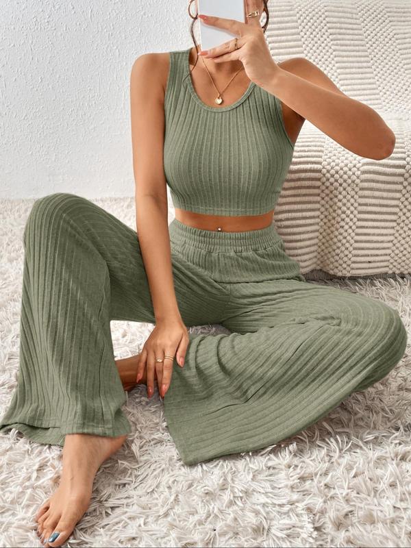 Women's Solid Color Ribbed Crop Tank Top & Wide Leg Pants Two-Piece Set, Casual Sleeveless Round Neck Top & Elastic Waist Trousers for Daily Wear, Ladies Outfits for All Seasons