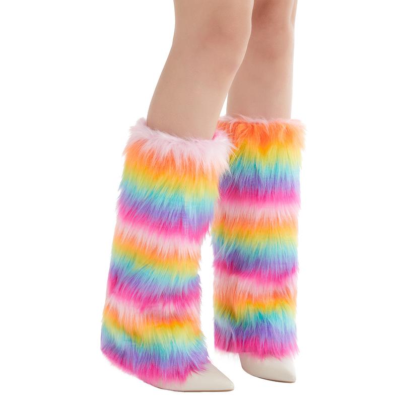 Women's Faux Fur Leg Warmers Rainbow Fuzzy Boot Covers Cuff Colorful Leg Warmers 2024 Fashion Halloween Costume Accessory