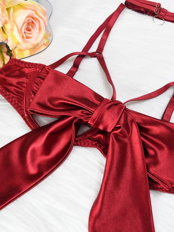 Women's 6pcs Sexy Silk Bow Front Push Up Bra Lingerie Set,Comfortable Underwear, girls conquet te outfit Nightdress Red  Black lingerieset Womenswear Lady sexy Sleepwear Elegance Feminine Basic Minimalist Nightgown Elegant Nightwear Spaghetti Strap