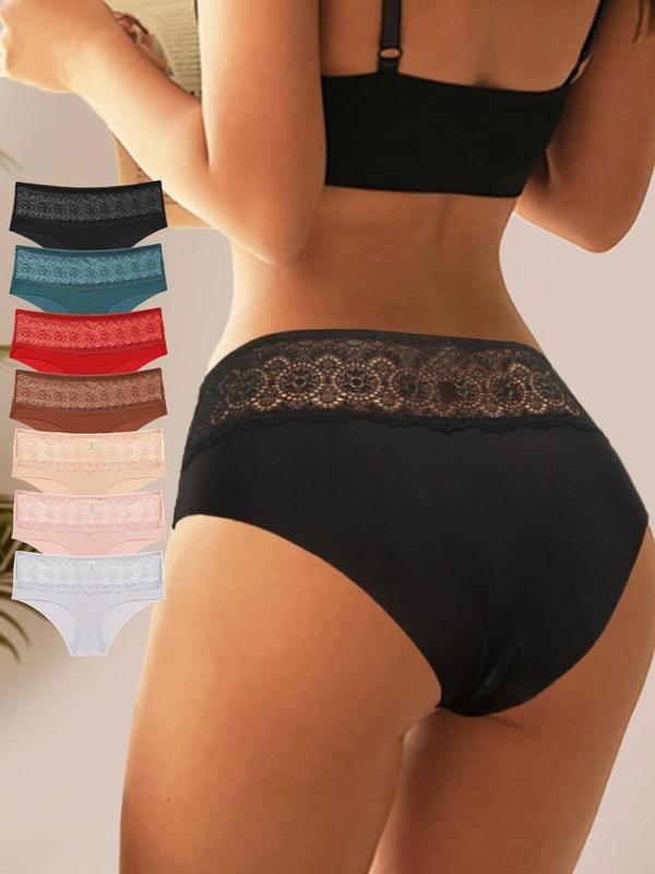 Women's 7pcs Contrast Lace Knicker, Soft Comfy Breathable Drop Waist Panty for Daily Wear, Underwear for All Seasons