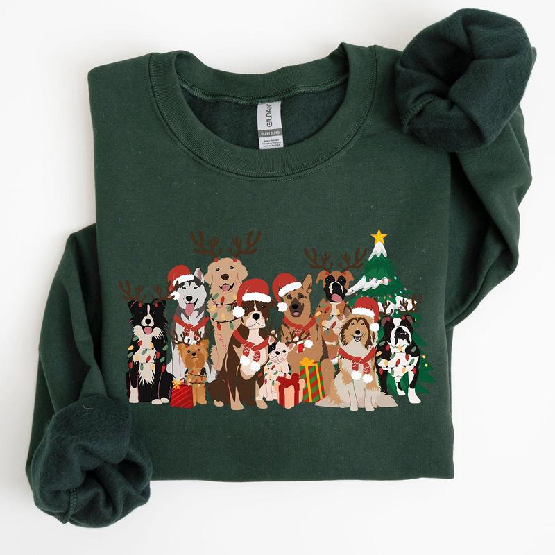 Christmas Dogs, Antlers, Reindeer, Santa, Dog Lover Sweatshirt, Crew Neck, Women's, Crewneck