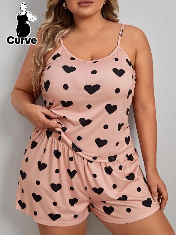  2 Counts Heart Polka Dot Print Pyjama Set, Casual Spaghetti Strap Cami Top & Elastic Waist Shorts Pj Set, Women's Sleepwear & Loungewear, Women's Clothing, Summer Wear 2024 Pj Pants