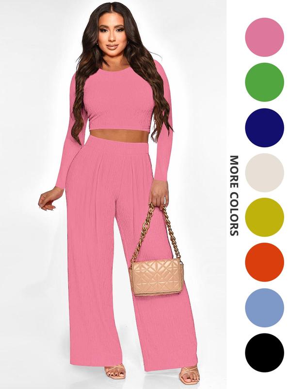 Two-piece Set Women's Solid Textured Crop Top & Wide Leg Pants, Casual Fashion Cozy Round Neck Long Sleeve Top & High Waist Trousers for Daily Outdoor Wear, Women's 2 Piece Sets, Fall Clothing Women 2024