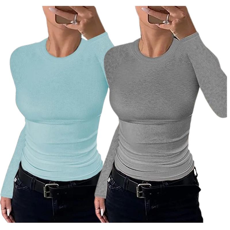 2 Pack Long Sleeve Shirts for Women Crew Neck Thermal Shirts Ribbed Knit Slim Fit T Shirt Basic Tee Tops