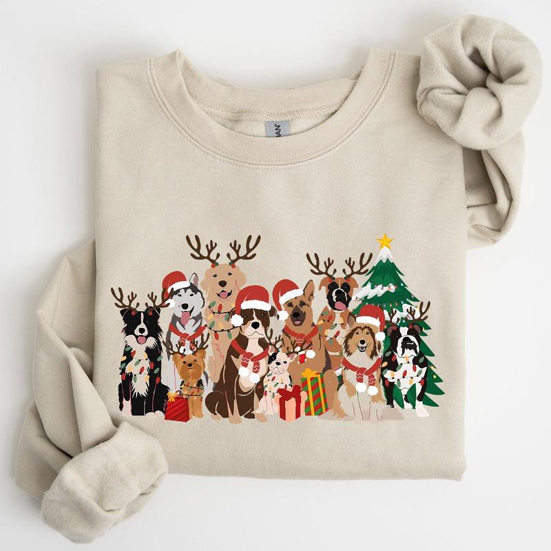 Christmas Dogs, Antlers, Reindeer, Santa, Dog Lover Sweatshirt, Crew Neck, Women's, Crewneck