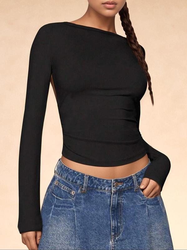 Women's Solid Backless Ribbed Top, Casual Long Sleeve Round Neck Top for Spring & Fall, Women's Clothing for Daily Wear